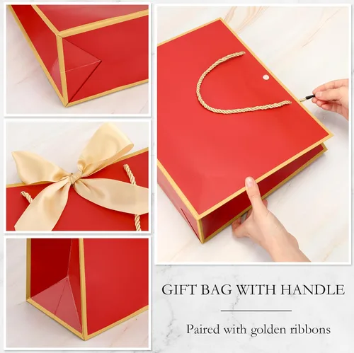 Miniatura 3 de Silkfly 12 bolsas de regalo con asas para dama de honor, 12 x 10 x 4 pulgadas, elegantes bolsas de regalo de bienvenida de boda con lazo para Rojo