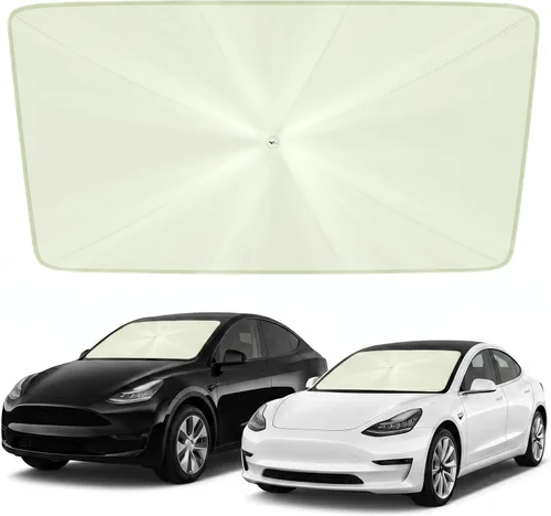 helloleiboo Custom Fit Tesla Model 3/Y Windshield Sun Shade Umbrella, Foldable 5-Layer Vinyl Coating, Reflective Heat and UV Protection