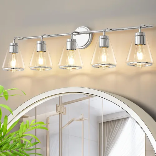 Miniatura 13 de Accesorios de iluminación de baño sobre espejo Luces de tocador doradas de 2 luces con pantalla de vidrio transparente de 14 pulgadas Luces
