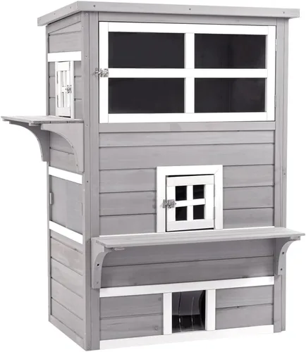 3-Tier Wooden Cat House for Outdoor and Indoor Use with Raised Floor and Asphalt Roof Gray Cat Shelter with Escape Doors and Jump Platforms
