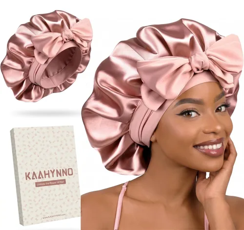Gorro de satén de seda con banda de amarre para dormir, para mujeres de cabello rizado: gorro de noche para cabello liso, ondulado, ensortijado, Rosa