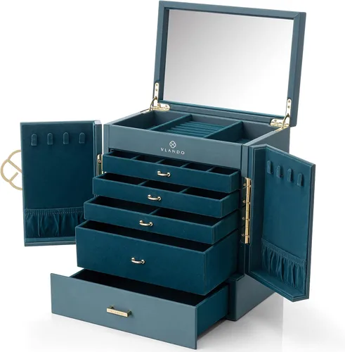 Vlando Joyero grande, cajas de joyería y organizadores de 6 niveles, estuche de almacenamiento de joyas con espejo con 5 cajones, reloj de piel