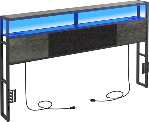 Miniatura 11 de Livofloral Cabecera de tamaño completo, cabeceros con estación de carga, puerto USB y luz LED, tablero principal con estante de almacenamiento de 2