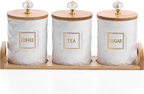 JUXYES Juego de 3 Botes de Cerámica para Azúcar, Café, Té con Bandeja con Asa, Lujosos Juegos de Contenedores de Almacenamiento con Tapas, Frascos