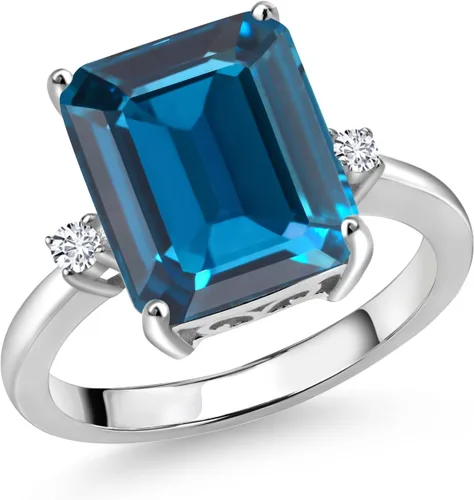 Miniatura 16 de Gem Stone King 5-7 Cttw Gemstone Birthstone and White Lab Grown Diamond 3-Stone Engagement Ring 925 Sterling Silver Center Emerald Cut 12X10MM
