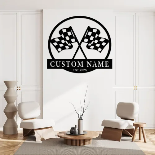 Miniatura 4 de Letrero de metal personalizado con bandera de carreras a cuadros, arte de pared de metal personalizado, letrero de nombre con monograma de bandera a