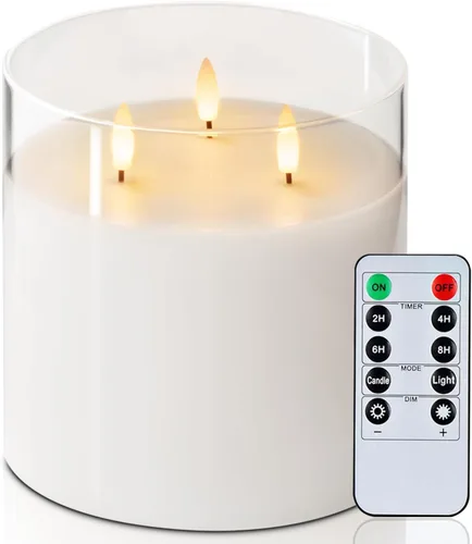 Miniatura 16 de Homemory Vela sin llama extra grande de 6 x 6 pulgadas con 3 mechas, vela LED de cristal, vela de cera real a pilas con control remoto y 3 mecha gris