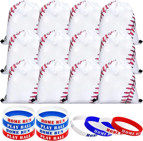 Roowest 24 bolsas de recuerdos de fiesta de béisbol con pulseras con cordón de béisbol, bolsas de regalo para niños, suministros de fiesta de