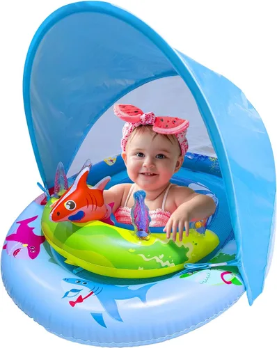 Flotador de piscina para bebé con toldo UPF50+ y consola de juego de juguete oceánico, asiento de seguridad ajustable, flotador de natación para