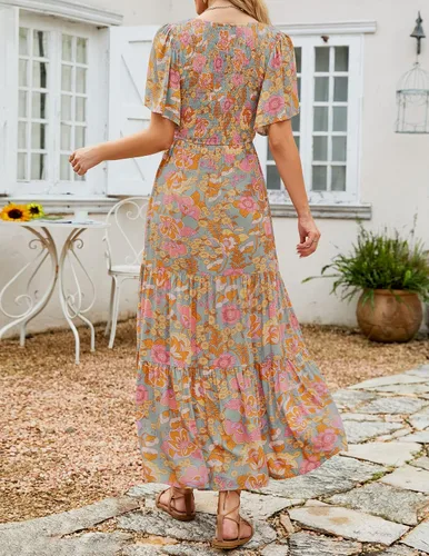 Miniatura 3 de ZESICA Women's 2023 Summer Casual Floral Print Short Flutter Sleeve Crew Neck Smocked High Waist Flowy Maxi Dress