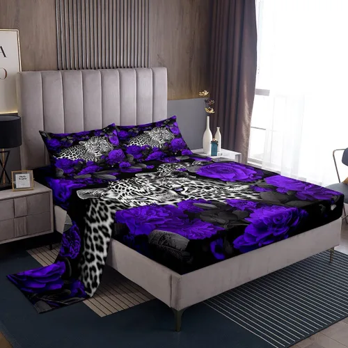 Miniatura 35 de Erosebridal Sábanas de cama de guepardo con rosa roja, juego de sábanas de bolsillo profundo con estampado de leopardo y gato, sábana bajera