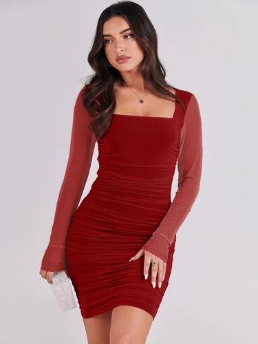 Miniatura 2 de ANRABESS Vestido corto de malla con cuello cuadrado y manga larga para mujer, sexy, fruncido, entallado, para fiesta, club, cóctel, vestido corto