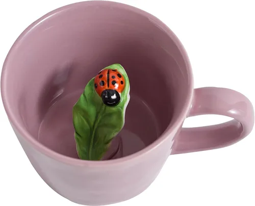 DIHOclub Taza de Cerámica de Mariquita con Animal 3D Oculto en el Interior, Serie Jardín Tazas Figuritas Hechas a Mano 12OZ (Rosa Púrpura)
