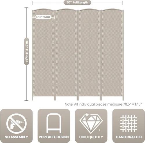Miniatura 3 de Divisor de habitación de 4 paneles, pantalla de privacidad plegable de 6 pies, divisor de pared de panel plegable extra ancho con divisor de pared