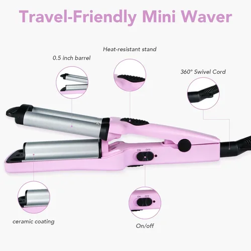 Miniatura 5 de Mini rizador de pelo, rizador de 3 barriles de 1/2 pulgada con doble voltaje, rizador de playa de viaje para cabello corto a mediano, morado