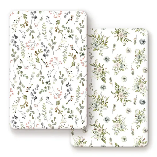 GRSSDER Juego de 2 sábanas ajustadas de punto de jersey elástico ultra suave, paquete portátil y mini sábanas para niñas, elegante acuarela rosa y