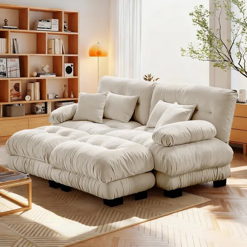 Miniatura 55 de Reposapiés Otomano Tapizado de Terciopelo con Cojín para Sofá Seccional Sofá 300 libras para Sala de Estar (Beige)