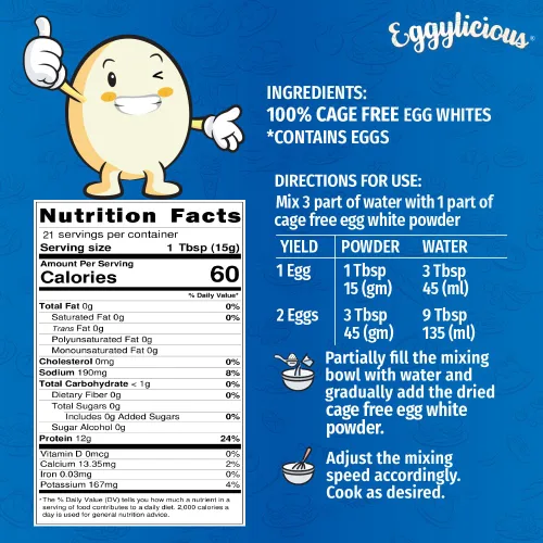 Miniatura 2 de Eggylicious Polvo de clara de huevo sin jaulas, 11 oz (312 gm) Fabricado en Estados Unidos a partir de huevos criados humanamente sin jaula