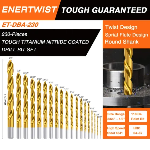 Miniatura 2 de ENERTWIST Juego de brocas de titanio para metal y madera de 230 piezas - HSS recubierto con punta convencional de 118 grados desde 3/64 pulgadas