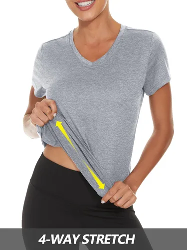 Miniatura 6 de MAGCOMSEN Camiseta de manga corta con cuello en V para mujer, absorbe la humedad, camiseta de entrenamiento atlético, ropa deportiva, tops de yoga