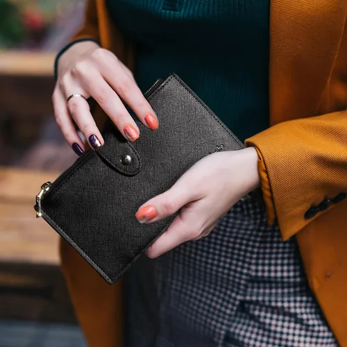 Miniatura 3 de Travelambo Billetera para mujer con bloqueo RFID plegable para múltiples tarjetas con bolsillo con cremallera, Negro -, Minimalista