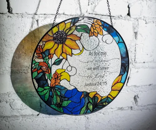 Miniatura 4 de Vitrales de 7.8 pulgadas con diseño de atrapasoles con texto en inglés "As for Me and My House We Will Serve The Lord Christian Wall" Arte