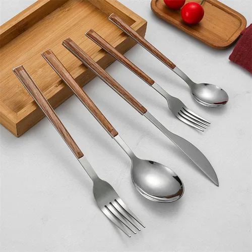 Miniatura 4 de Juego de cubiertos de madera para 6 cubiertos de acero inoxidable, mango de grano de madera, juego de cubiertos de 30 piezas, incluye cuchillos
