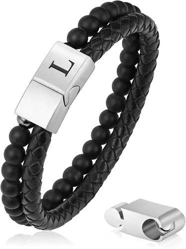 Miniatura 50 de LUXEJEW Regalo Navidad para hombre, brazalete de cuero con cuentas, con letra inicial nombre, 15/64 de pulgada, ágata mate, hecho a mano, ajustable