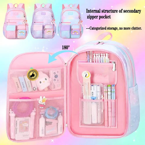 Miniatura 4 de Jcobvig Mochila de arcoíris para niñas y niños, linda mochila escolar para estudiantes con bolsa para bolígrafos, bolsa de viaje para portátil