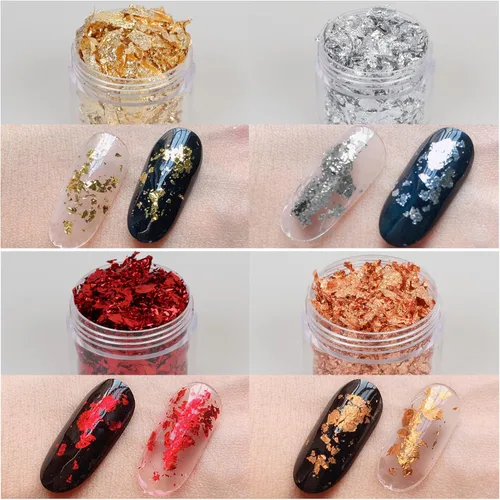 Miniatura 5 de Copos de lámina dorada para resina, 6 botellas doradas de copos metálicos con pinzas para uñas, pintura, manualidades, limo