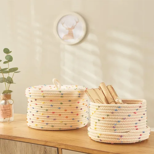 Miniatura 6 de Esme L&H Cesta pequeña de cuerda con tapa, pequeña cesta de almacenamiento tejida redonda de 10 x 6 pulgadas con tapa para organizar, pequeña