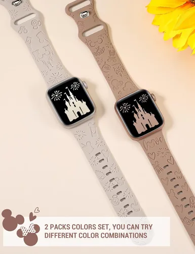 Miniatura 4 de 2 paquetes de correas grabadas con dibujos animados compatibles con Apple Watch de 38/40/41/42/44/45/46/49 mm, correa de silicona suave y linda