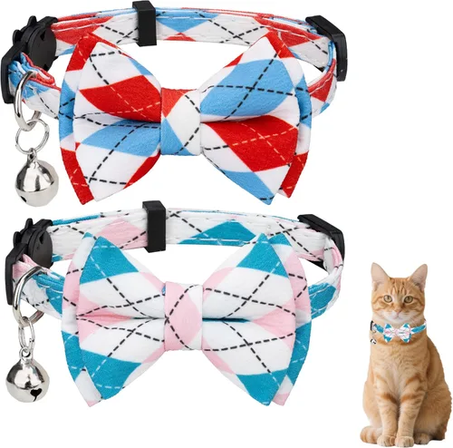 Miniatura 12 de Collar de gato con campana para niño y niña, pajarita de seguridad, a cuadros, color sólido, conjunto de regalo, lindo festivo, [2 piezas], verde