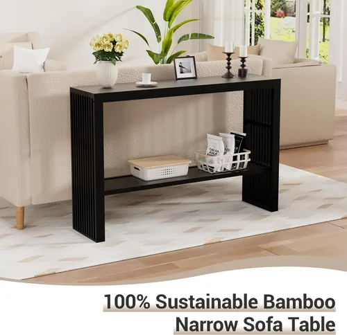 Miniatura 3 de Mesa de consola de madera de bambú 47.2" Mesa de entrada, mesa de sofá estrecha de granja de 2 niveles con estante de almacenamiento, mesa de sofá