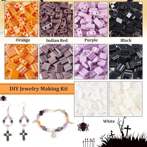 Miniatura 4 de NBEADS Kit de 500 piezas de cuentas para hacer pulseras de Halloween, incluye cuentas rectangulares de vidrio con dos agujeros, agujas grandes