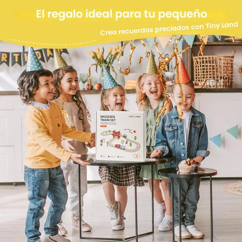 Miniatura 7 de Tiny Land Juego de tren de madera para niños pequeños, 39 piezas, con pistas de madera compatibles con las principales marcas, juguete de tren