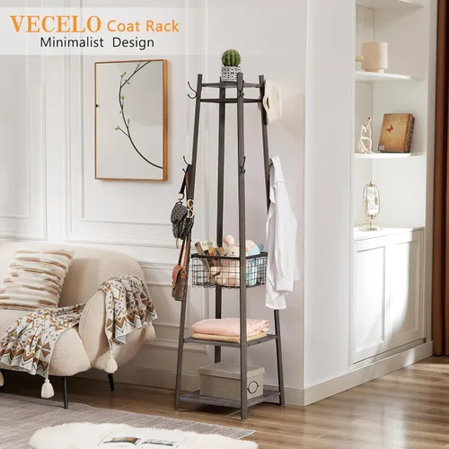 Miniatura 2 de VECELO Perchero independiente, árbol de pasillo con cesta de metal y estantes de almacenamiento, perchero industrial con 8 ganchos para colgar Marrón