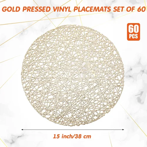 Miniatura 2 de Sieral 60 Paquetes Manteles Individuales Redondos Dorados de 15 Pulgadas Calados de Vinilo Prensado Resistentes al Calor Manteles Individuales