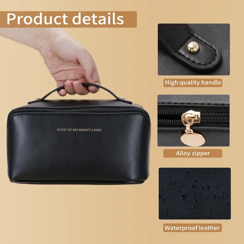 Miniatura 4 de 3 bolsas de maquillaje de viaje portátiles de gran capacidad para mujeres, estuche organizador de maquillaje plano abierto, bolsa organizadora