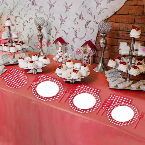 Miniatura 6 de Tevxj 96 PCS Platos de Fiesta de Pícnic Rojos y Blancos de Cuadros Vichy Vajilla de Fiesta Barbacoa Platos de Papel Desechables Servilletas