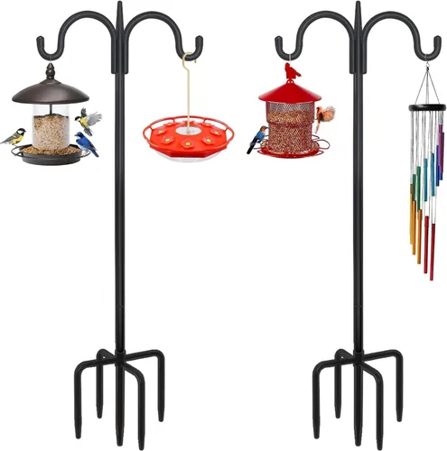 Miniatura 8 de FEED GARDEN Gancho de pastor doble ajustable para exteriores con base de 5 puntas de 63 pulgadas, poste resistente de comedero de pájaros de dos