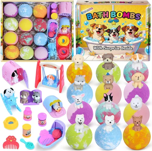 Bombas de baño para niños con juguetes sorpresa en el interior, paquete de 12 bombas de baño para niños con muñecas de cachorro y juego de