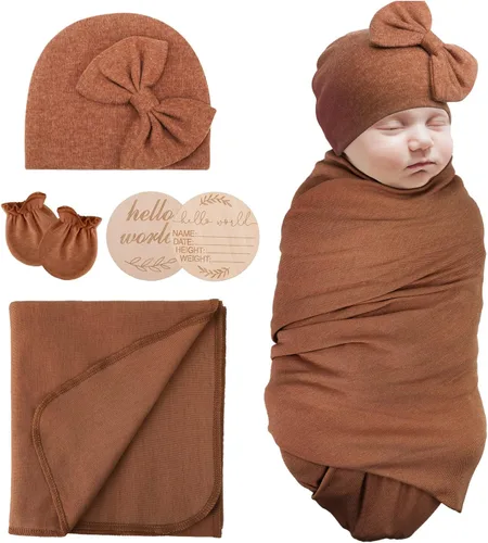 Miniatura 14 de AQOKKA Manta para Recién Nacido con Moño, Juego de Sombrero y Guantes, Tarjeta de Madera para Recién Nacidos, Niños, Niñas, Envoltorio para Envolver