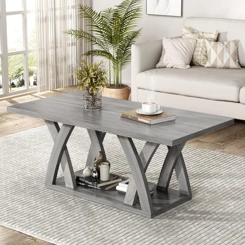 Miniatura 7 de FROMJBEST - Mesa de café de estilo rústico con estante, mesa de café moderna, mesa de café negra para sala de estar, mesas de sala de estar, 47" Gris