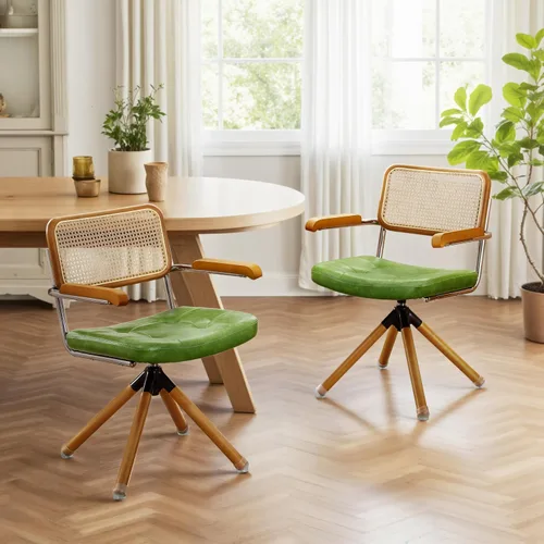 Miniatura 11 de Zouron Silla de escritorio moderna de mediados de siglo, silla de oficina de piel sintética sin ruedas, sillón giratorio con respaldo de ratán