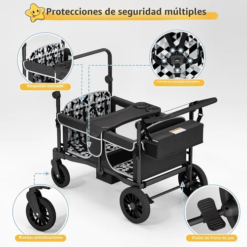 Miniatura 6 de TOLEAD Cochecito para 4 niños, plegable de 4 asientos para exteriores con toldo, manubrio ajustable, arnés de seguridad de 5 puntos, bandeja Negro