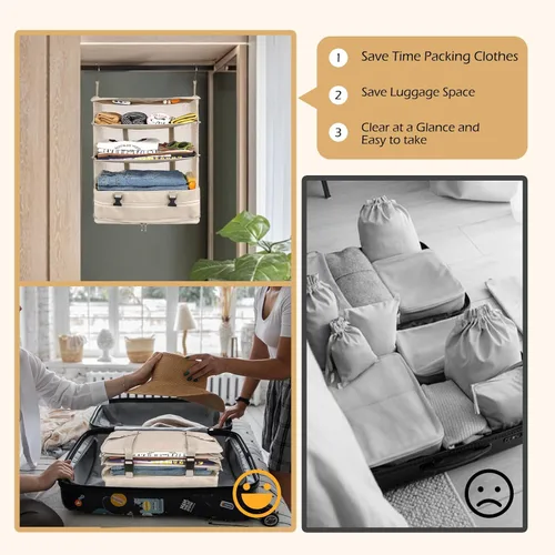 Miniatura 4 de Surblue Bolsa de Almacenamiento Colgante para Armario Plegable de 3 Estantes de Tela Oxford Lavable con 2 Ganchos