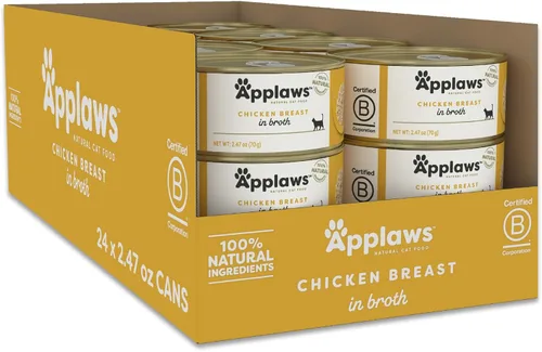 Applaws Alimento húmedo natural para gatos, 24 unidades, alimento húmedo enlatado de ingredientes limitados, pechuga de pollo en caldo, latas de