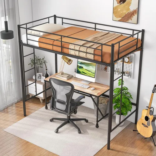 Giantex Base de cama de metal tamaño individual con escaleras dobles y barandilla de seguridad, no necesita somier, ahorra espacio para jóvenes,