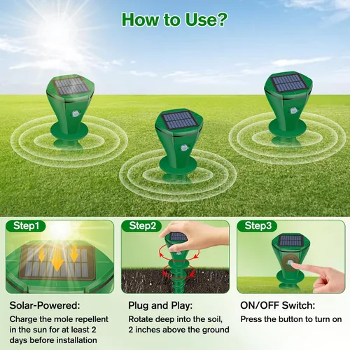 Miniatura 5 de Repelente de topos alimentado por energía solar, paquete de 4 repelente ultrasónico de gopher IP65 impermeable para césped, jardín, patio, repelente
